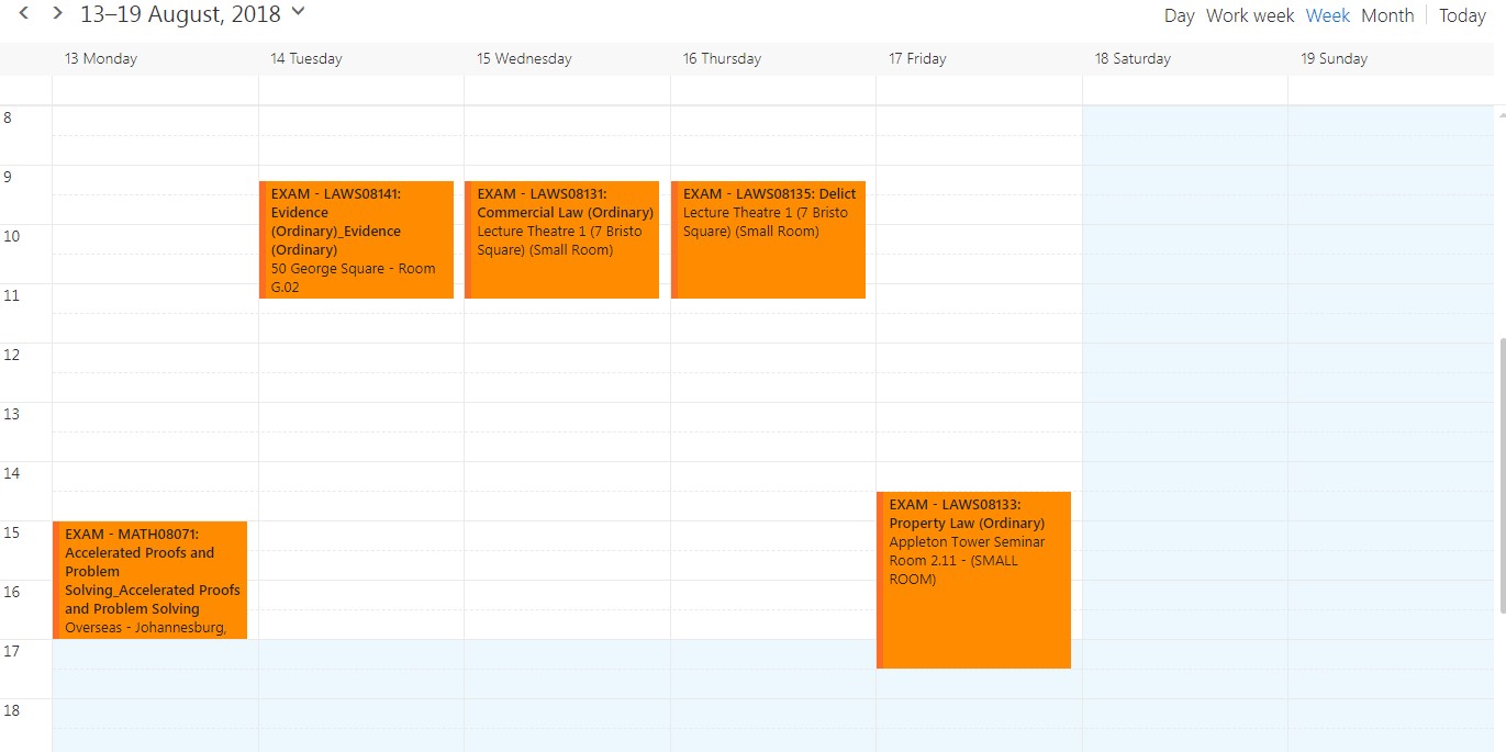 image of an example of calendar entries for an exam schedule.